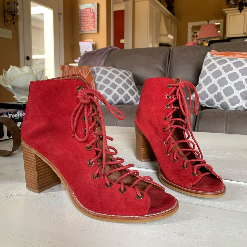 Jeffrey Campbell Red Suede Lace-Up Peep-Toe Heeled Boots